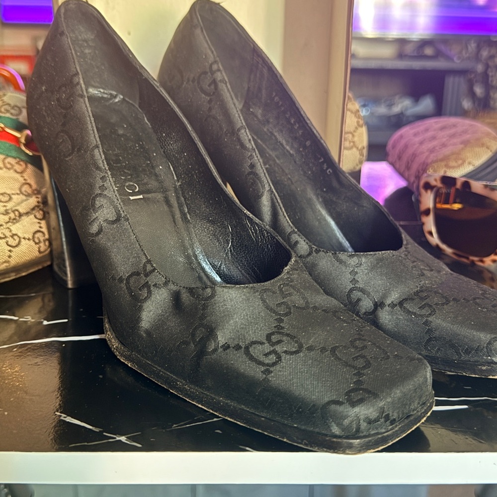 Gucci Black GG Monogram Satin High Heel Pumps